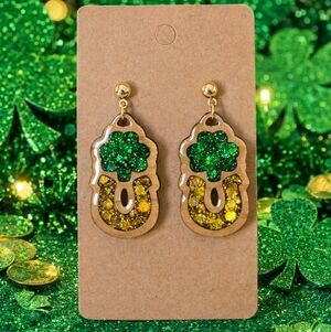 Handmade Resin Glitter Shamrock Horse Shoe Earrings